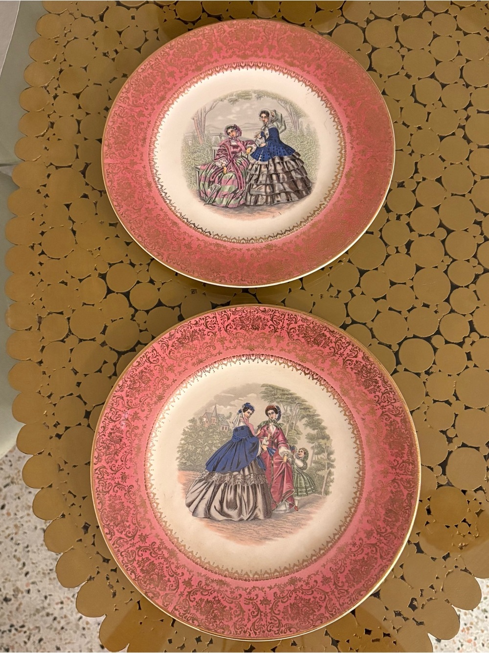Vintage Salem China Company Godey Print Server Plates. 23 karat Gold trim. Set 2